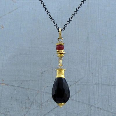 Onyx and Ruby Briolette 24k gold pendant
