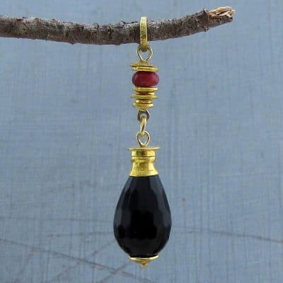 Onyx and Ruby Briolette 24k gold pendant