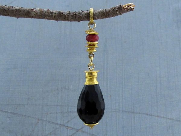 Onyx and Ruby Briolette 24k gold pendant