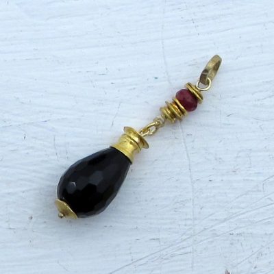 Onyx and Ruby Briolette 24k gold pendant