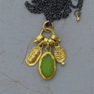 Rough Lemon Jade 22k gold charms necklace