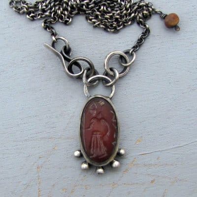 Decorated red Agate Intaglio chunky silver necklace
