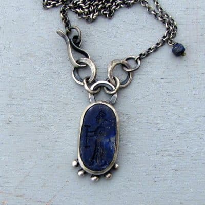Lapis Lazuli Intaglio rustic silver necklace