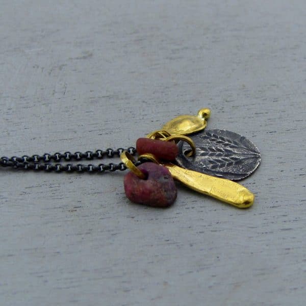 Solid 22k gold rough Ruby and silver coin necklace