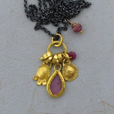 Pink Quartz 22k gold charms necklace