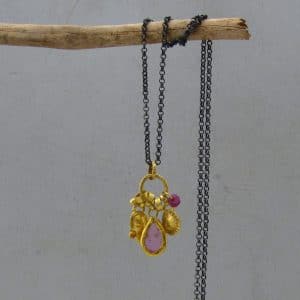 Pink Quartz 22k gold charms necklace