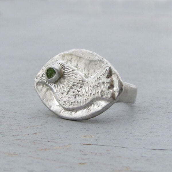 Handmade silver and Peridot bird ring