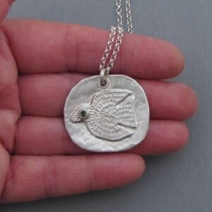 Large artisan fine silver bird pendant necklace