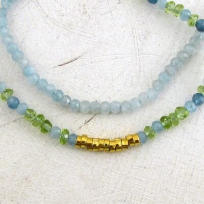 Aquamarine, Peridot & solid 24k gold beads necklace