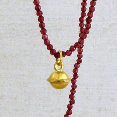 Garnet beads necklace with solid 22k gold sphere pendant