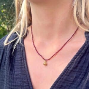 Garnet beads necklace with solid 22k gold sphere pendant