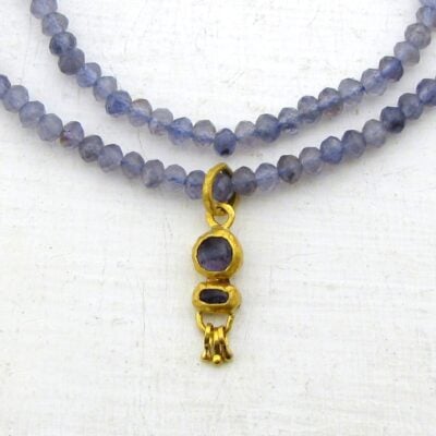 Iolite & solid 24k gold pendant beaded necklace