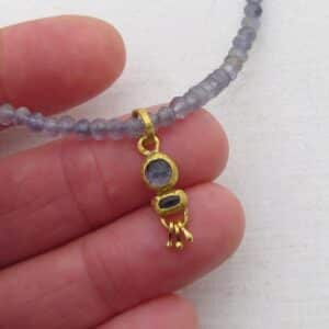 Iolite & solid 24k gold pendant beaded necklace