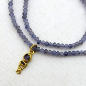 Iolite & solid 24k gold pendant beaded necklace