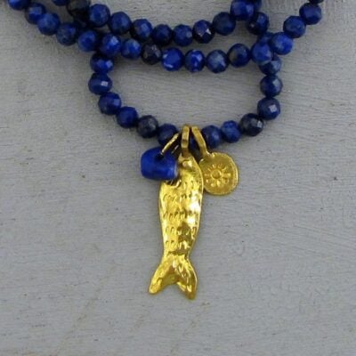 Lapis Lazuli & solid 24k gold fish charm necklace