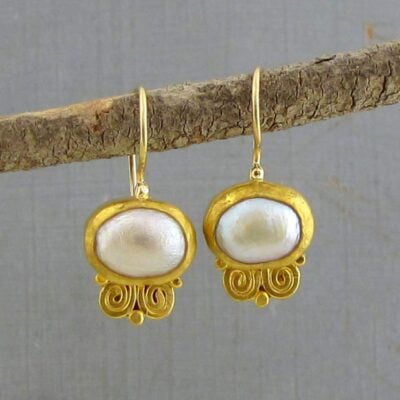Pearl & solid 24k gold spiral earrings