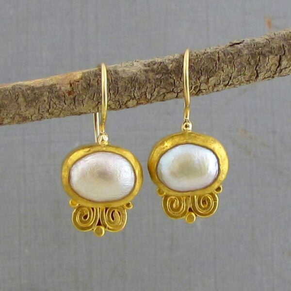 Pearl & solid 24k gold spiral earrings