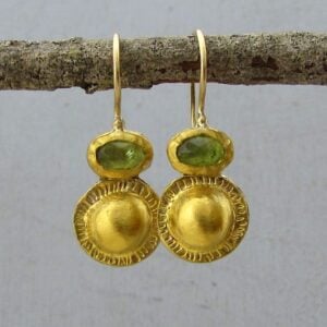 Peridot & solid 24k gold textured drop earrings