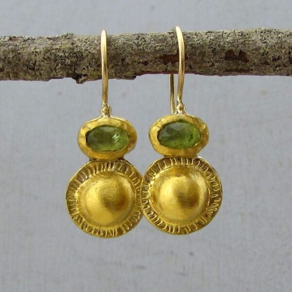 Peridot & solid 24k gold textured drop earrings