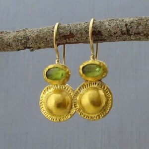 Peridot & solid 24k gold textured drop earrings