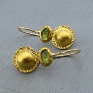 Peridot & solid 24k gold textured drop earrings