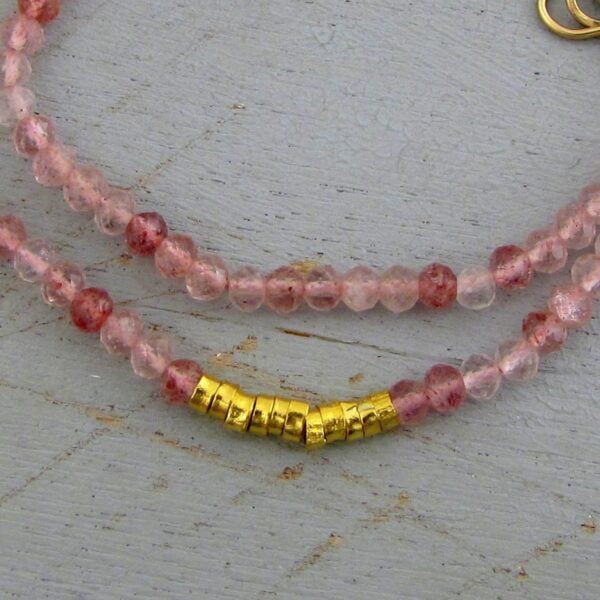 Strawberry Quartz & solid 24k gold beads necklace