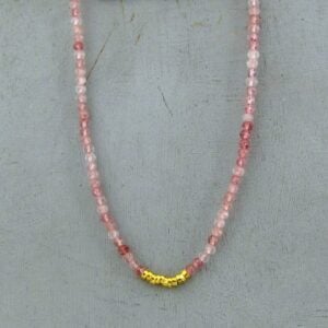 Strawberry Quartz & solid 24k gold beads necklace
