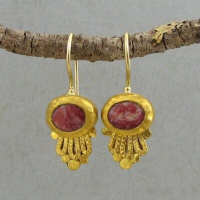 Thulite & solid 24k gold dangle earrings