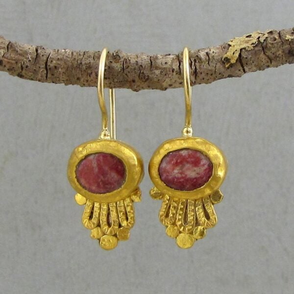 Thulite & solid 24k gold dangle earrings
